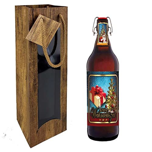 Schöne Weihnachts-Zeit 1 Liter Bier Flasche PIls mit Bügelverschluss (mit Tragetasche im Holzdesign) von bierundmehr