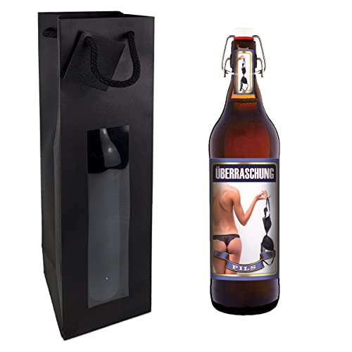 Überraschung - 1 Liter Flasche Bier mit Bügelverschluss (mit Tragetasche in schwarz) von bierundmehr