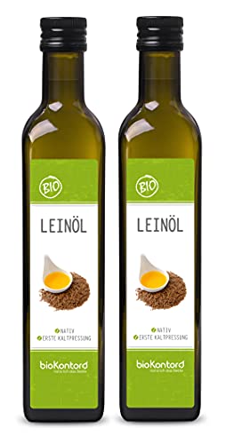 Leinöl BIO 2x500ml (1000 ml) I nativ und kaltgepresst I hoher Gehalt an mehrfach ungesättigten Fettsäuren I mühlenfrisch vom Hersteller bioKontor von bioKontor