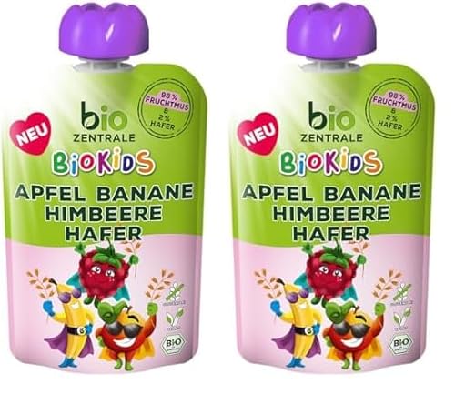 biozentrale BioKids Fruchtmus Apfel Banane Himbeere Hafer | 12 x 90g | Fruchtiger Snack ohne Zuckerzusatz | Vegan (Packung mit 2) von bioZentrale