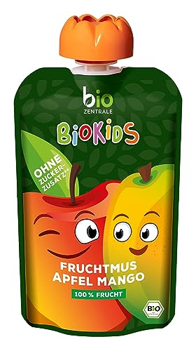 biozentrale BioKids Fruchtmus Beutel Apfel-Mango | 12x 90 g Früchte | Quetschbeutel & Quetschies mit 100% Frucht | Idealer Früchtebrei & Fruchtpüree ohne Zuckerzusatz von bioZentrale