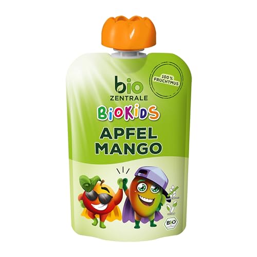 biozentrale BioKids Fruchtmus Beutel Apfel-Mango | 12x 90 g Früchte | Quetschbeutel & Quetschies mit 100% Frucht | Idealer Früchtebrei & Fruchtpüree ohne Zuckerzusatz von bioZentrale