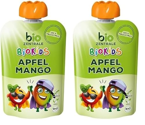 biozentrale BioKids Fruchtmus Beutel Apfel-Mango | 12x 90 g Früchte | Quetschbeutel & Quetschies mit 100% Frucht | Idealer Früchtebrei & Fruchtpüree ohne Zuckerzusatz (Packung mit 2) von bioZentrale