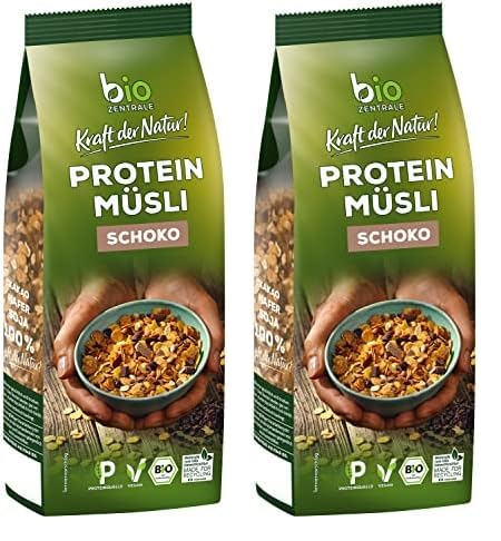 biozentrale Müsli Protein Schoko, 375 g veganes Bio-Müsli mit Sojaflocken, Hafer & Schoko, hoher Ballaststoffgehalt, hoher Proteingehalt (Packung mit 2) von bioZentrale