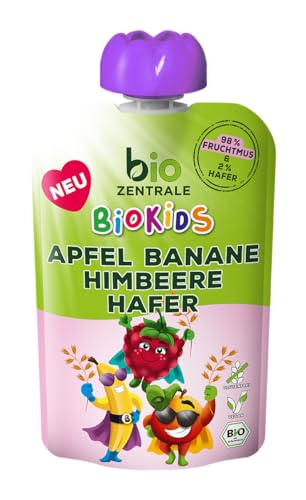 biozentrale BioKids Fruchtmus Apfel Banane Himbeere Hafer | 12 x 90g | Fruchtiger Snack ohne Zuckerzusatz | Vegan von biozentrale