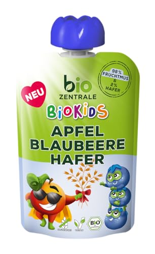 biozentrale BioKids Quetschies Apfel Banane Blaubeere Hafer | 12 x 90g | Veganer Frucht-Hafer-Snack | Fruchtmus ohne Kristallzuckerzusatz von bioZentrale