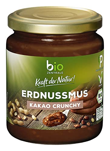 Biozentrale Erdnussmus Crunchy Kakao | 6 x 250 g Peanuts Creme | vegan, glutenfreie Protein Quelle | Nussmus ohne Palmöl | Peanut Butter für Müsli, Frisch geröstete Erdnüsse von biozentrale