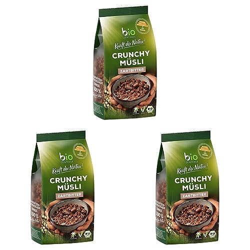 biozentrale Müsli Crunchy Zartbitter | 375 g knuspriges Bio Müsli | mit veganer Zartbitterschokolade | ohne Rosinen | palmölfrei | Ballaststoffquelle (Packung mit 3) von biozentrale