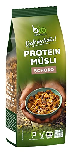 biozentrale Müsli Protein Schoko, 375 g veganes Bio-Müsli mit Sojaflocken, Hafer & Schoko, hoher Ballaststoffgehalt, hoher Proteingehalt von Biozentrale