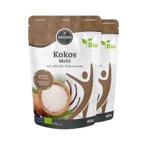BORCHERS Bio Kokosmehl, 2x 400g, fein vermahlen, teilentölt, naturbelassen, leichte Süße, Proteinquelle, ballaststoffreich, vegan, zum Kochen, Backen & Verfeinern von borchers