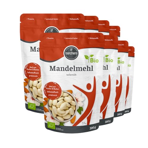 borchers 8x Bio Premium Mandelmehl | 8x 200g | Teilentölt, zum Kochen, Backen und für Süßspeisen | Hoher Proteingehalt | Hoher Ballaststoffgehalt | 1,6 g von borchers