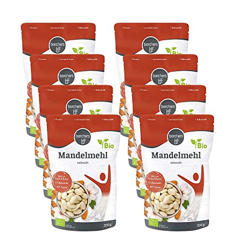 borchers 8x Bio Premium Mandelmehl | 8x 200g | Teilentölt, zum Kochen, Backen und für Süßspeisen | Hoher Proteingehalt | Hoher Ballaststoffgehalt | 1,6 g von borchers