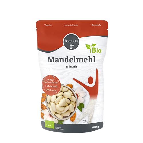 borchers Bio Premium Mandelmehl | Teilentölt, zum Kochen, Backen und für Süßspeisen | Hoher Proteingehalt | Hoher Ballaststoffgehalt | 200 g von borchers