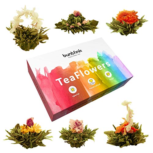 Buntfink TeaFlowers Teeblumen Geschenkset 6 Teerosen Teeblüten in Geschenkbox Erblühtee von Hand gebunden und vakuumverpackt Geschenk für Frauen und Teeliebhaber Blooming tea flowers von buntfink