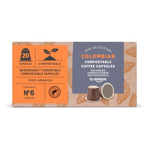 by Amazon Kompostierbare Kaffeekapseln, kompatibel mit Nespresso, 100% Kolumbianische Arabica, 20 Stück - Rainforest Alliance-zertifiziert von by Amazon