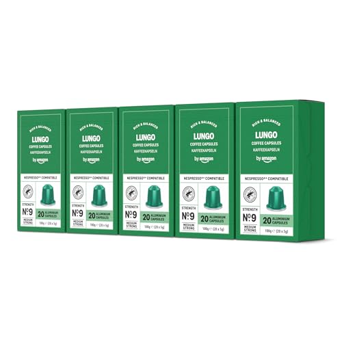 by Amazon Lungo Aluminium-Kaffeekapseln, kompatibel mit Nespresso, mittelgeröstet, 100 Stück (5 Packungen mit je 20 Stück) – Rainforest Alliance zertifiziert von by Amazon