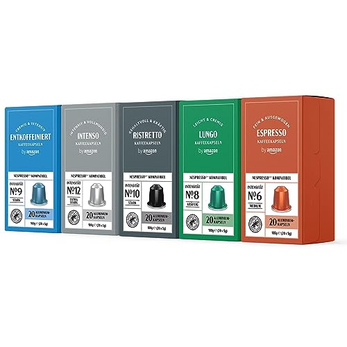 by Amazon Nespresso kompatibel Kaffeekapseln, gemischte Packung, Aluminium- Kapseln, Mittlere Röstung, 100 Stück (5 Packungen mit 20) - Rainforest Alliance-zertifiziert von by Amazon