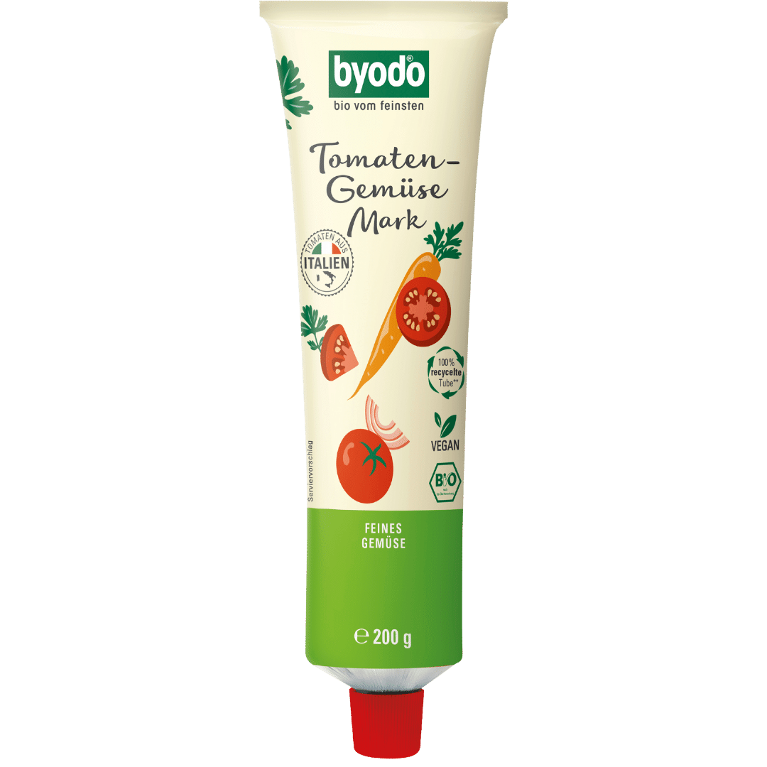 Bio Tomaten-Gemüse Mark Doppelfrucht, in der Tube Bio Tomaten-Gemüse Mark Doppelfrucht, in der Tube von byodo