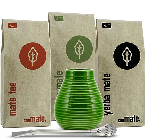 Mate Tee Set Keramik ● 3 Bio Matesorten + Matebecher + Bombilla + Zubereitungsanleitung (grün) von caámate.