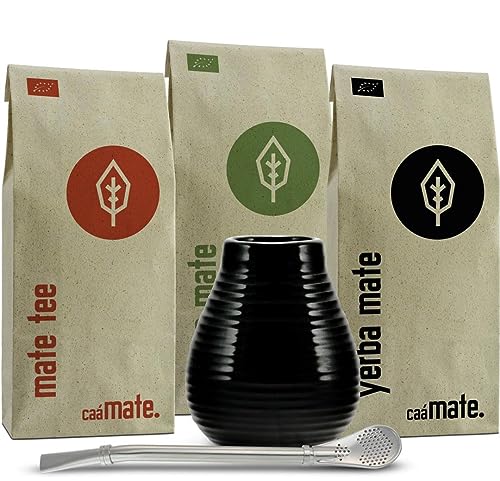 Mate Tee Set Keramik ● 3 Bio Matesorten + Matebecher + Bombilla + Zubereitungsanleitung (schwarz) von caámate.