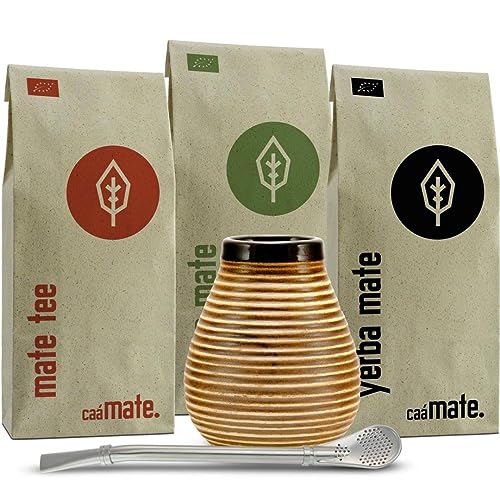 Mate Tee Set Keramik ● 3 Bio Matesorten + Matebecher + Bombilla + Zubereitungsanleitung (Vintage) von caámate.