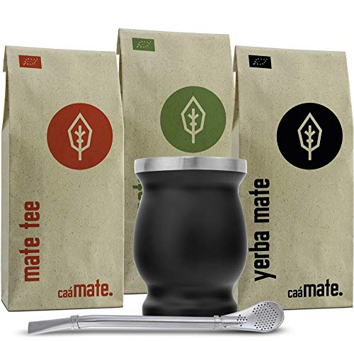 Mate Tee Set Bio ● 3 Matesorten + doppelwandiger Edelstahl Matebecher + Bombilla + Zubereitungsanleitung (schwarz) von caámate.