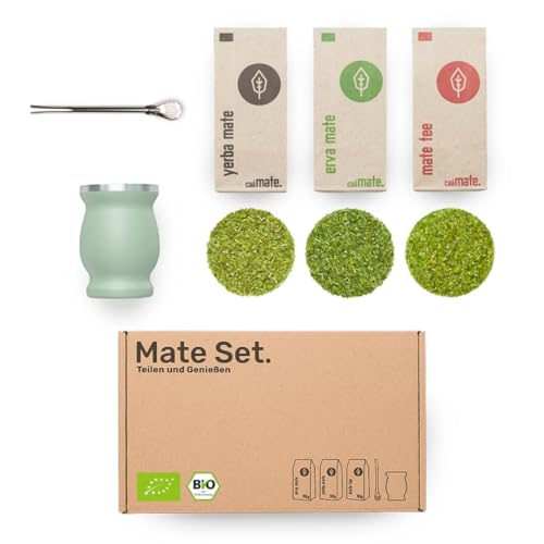 Mate Tee Set Bio ● 3 Matesorten + doppelwandiger Edelstahl Matebecher + Bombilla + Zubereitungsanleitung (grün) von caámate.