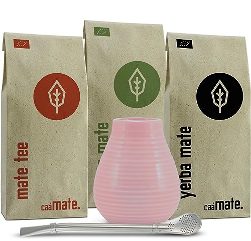 Mate Tee Set Keramik ● 3 Bio Matesorten + Matebecher + Bombilla + Zubereitungsanleitung (rosa) von caámate.