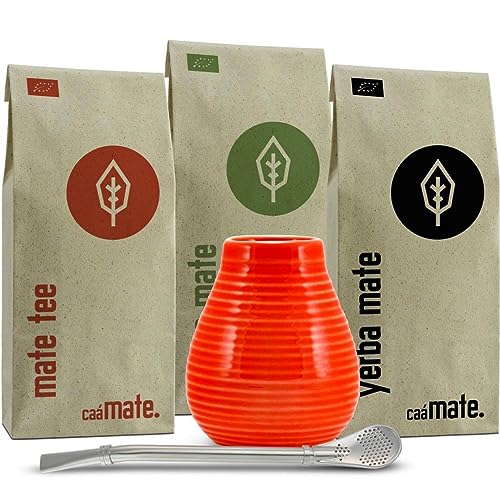 Mate Tee Set Keramik ● 3 Bio Matesorten + Matebecher + Bombilla + Zubereitungsanleitung (rot) von caámate.