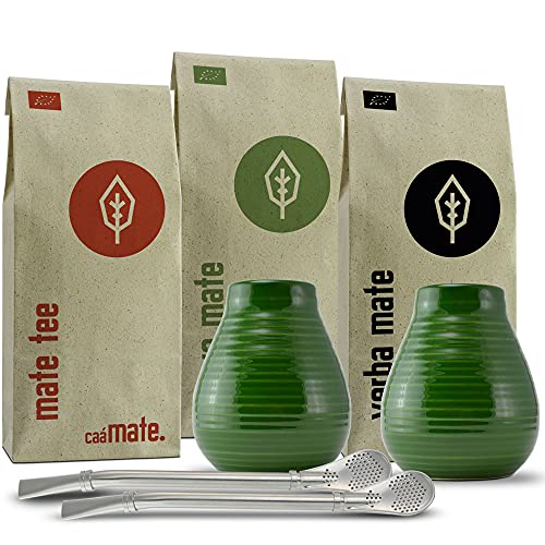 Mate Tee Set für Zwei Bio ● 2 Matebecher + 2 Bombillas + 300g Matetee + Zubereitungsanleitung (grün) von caámate.