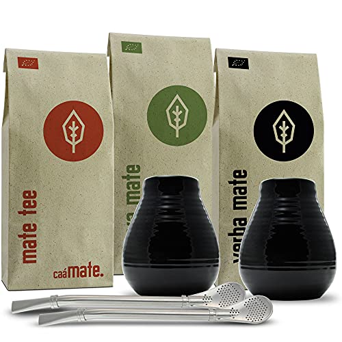 Mate Tee Set für Zwei Bio ● 2 Matebecher + 2 Bombillas + 300g Matetee + Zubereitungsanleitung (schwarz) von caámate.