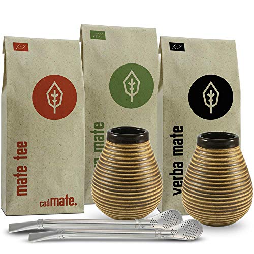 Mate Tee Set für Zwei Bio ● 2 Matebecher + 2 Bombillas + 300g Matetee + Zubereitungsanleitung von caámate.