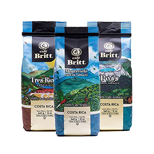 Café Britt® - Costa Rican Origins Coffee Bundle (12 oz.) (3-Pack) (Tarrazú, Tres Ríos & Poás) - Whole Bean, Arabica Coffee, Kosher, Gluten Free, Gourmet & Medium Light & Dark Roast von Cafe Britt