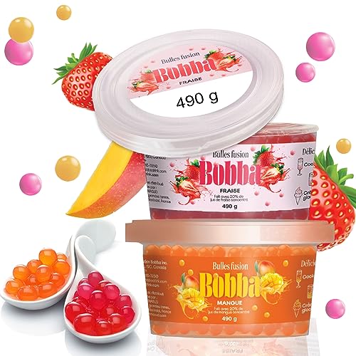 BOBBA Tea Popping Boba für Bubble Tea Pearle, 2 Töpfe, Mango und Erdbeere, 2 x 490 g, ohne künstliche Farbstoffe, echte Fruchtsäfte, niedriger Zuckergehalt, gesündere Wahl von cafféluxe