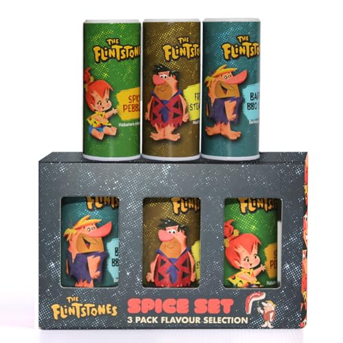 Barbecue Smokehouse Fleischreiben, Chili und Knoblauch Gewürz & Steak Rub Set – 3 x 100 g Gewürz Geschenkset – The Flintstones Spice Set – Fred's Steak Rub, Barneys BBQ Secret Sauce, Spicy Pebbles von cafféluxe