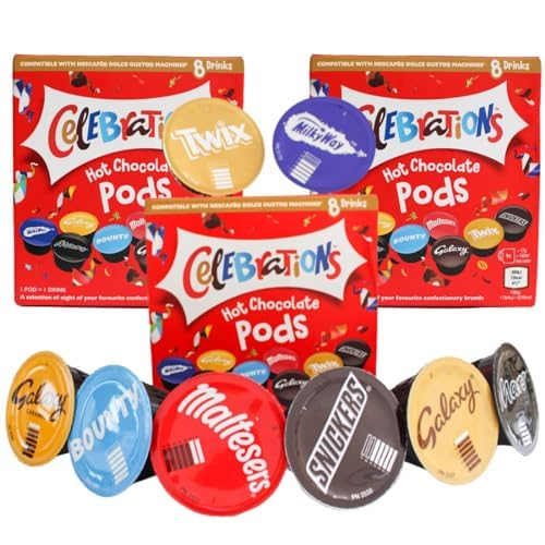 Cafféluxe Celebrations Hot Chocolate Dolce Gusto kompatible Kapseln – Twix, Mars, Bounty, Snickers, Galaxy, Malteser, Milchstraße & Galaxy Caramel Kapseln (3 Schachteln, 24 Pods) von cafféluxe