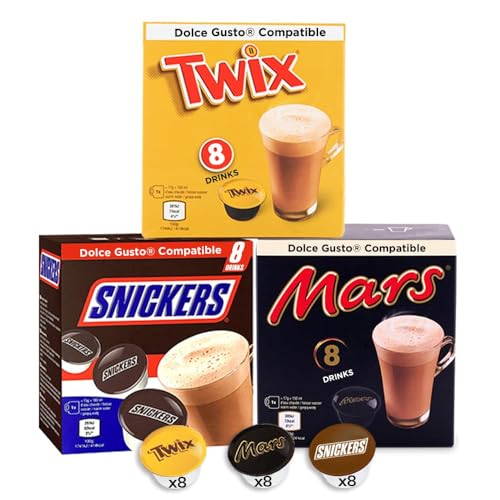 Mars, Twix + Snickers Hot Chocolate Capsule kompatibel mit Dolce Gusto - 24 Kapseln von cafféluxe