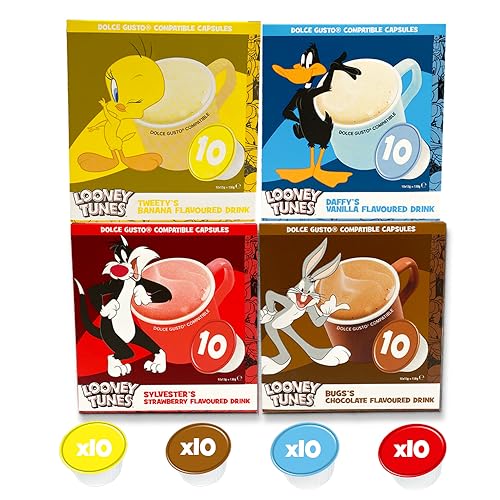 cafféluxe Aromatisiertes Milchgetränk Dolce Gusto kompatible Pods – Looney Tunes Warmes Milchgetränk oder Milchshake – 40 Kapseln (Erdbeere, Vanille, Schokolade & Banane) (1 Stück) von cafféluxe