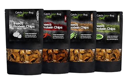 4er-Pack Essbare Insektenchips - 24% Protein - Insekten zum Essen von Catch-Your-Bug - Chili, Knoblauch, Classic, Wasabi, je 70 g von Catch-Your-Bug