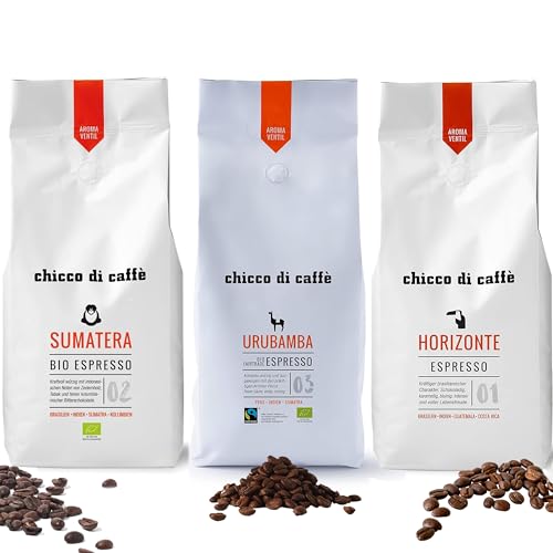 chicco di caffè Trio 3 Kilogramm Probierpaket mit Bio Espresso Urubamba, Bio Espresso Sumatera und Espresso Horizonte je 1000g ganze Bohnen chicco di caffè Trio 3 Kilogramm Probierpaket mit Bio Espresso Urubamba, Bio Espresso Sumatera und Espresso Horizonte je 1000g ganze Bohnen von chicco di caffè