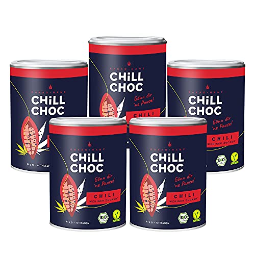 ChillChoc Chili - Entspannungs Trinkschokolade mit Hanf - wenig Zucker - veganes Kakaopulver für heiße Schokolade aus natürlichem Bio Kakao - 5x 125g warm und kalt genießen von chill choc
