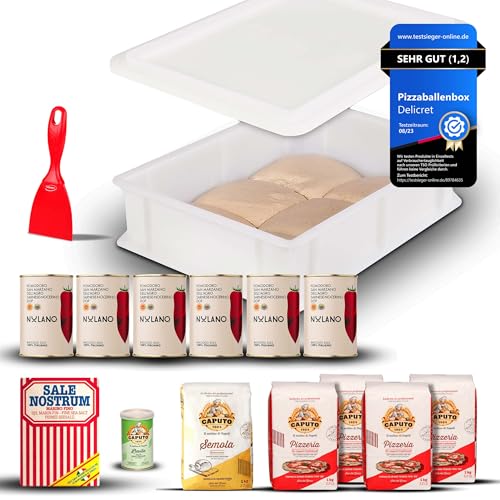 DELICRET - Starter - Kit deluxe | 6x Nolano San Marzano DOP + 1x Meersalz fein | 4x Caputo Pizzeria + 1x Semola + 1x Trockenhefe + 1x Pizzaspachtel + 1x Pizzaballenbox mit Deckel & Flyer von delicret the delicate secrets of the world