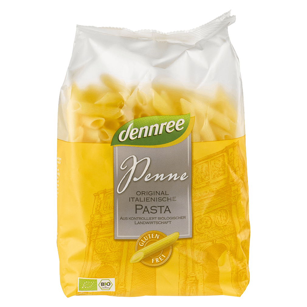 Bio Penne aus Mais- und Reismehl, glutenfrei Bio Penne aus Mais- und Reismehl, glutenfrei von dennree