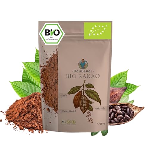 Rohkakao 250 Gr BIO ohne Zusatzstoffe | Stark entöltes Kakao-Pulver ohne Zucker | Bio Kakaopulver | Backkakao ohne Zucker in nachhaltiger Aromaverpackung | Rohkakao von deubauer