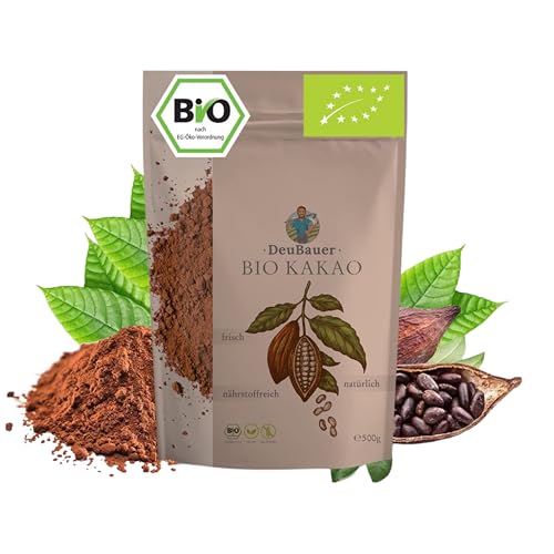 Kakaopulver 500 g BIO ohne Zusatzstoffe | Stark entöltes Kakao-Pulver ohne Zucker | Bio Kakaopulver | Backkakao ohne Zucker in nachhaltiger Aromaverpackung | Rohkakao von deubauer