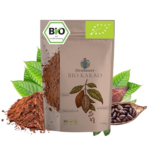 Rohkakao 500 g BIO ohne Zusatzstoffe | Stark entöltes Kakao-Pulver ohne Zucker | Bio Kakaopulver | Backkakao ohne Zucker in nachhaltiger Aromaverpackung | Rohkakao von deubauer