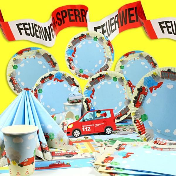 Feuerwehr-Partyset 51-teilig für 6 Kinder, Tischdeko mit Feuerwehrauto von dh-konzept