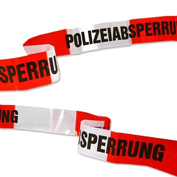 Polizei-Absperrband rot/weiß 10m mit Schrift "Polizeiabsperrung", Folie von dh-konzept