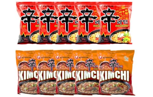 Nongshim 10er Probierset - Shin Ramyun Noodle 5x120g+ Shin Kimchi Nudeln 5x120g Vorteilspack - Asia Nudeln - Instant Nudeln - Koreanische Noodles von dinese