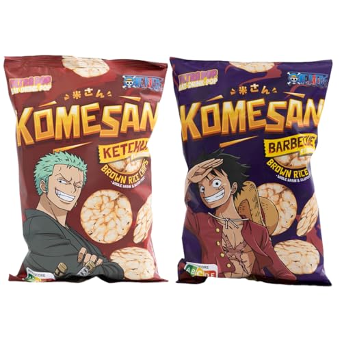 ULTRA POP Komesan Brauner Reis Chips im 2er Set mit Barbecue & Ketchup Geschmack: One Piece Luffy & Zorro Anime Manga von dinese